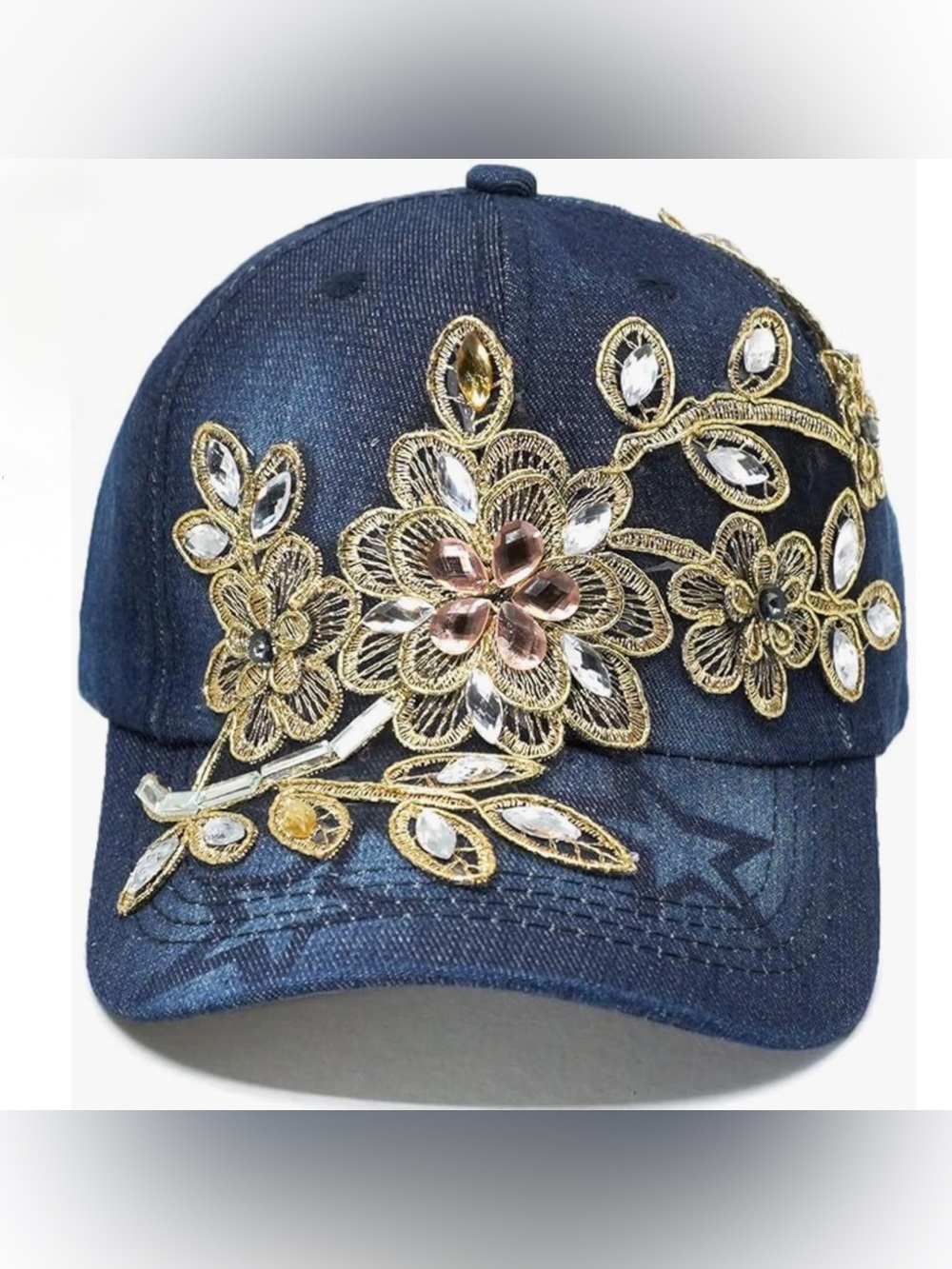 Navy Floral Crystal-Embellished Baseball Cap Hat